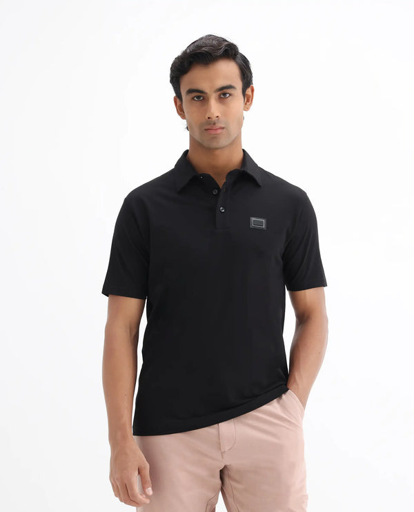 Rare Rabbit Men Badger-25 Black Cotton Poly Fabric Short Sleeve Collared Neck Button Closure Plain Polo