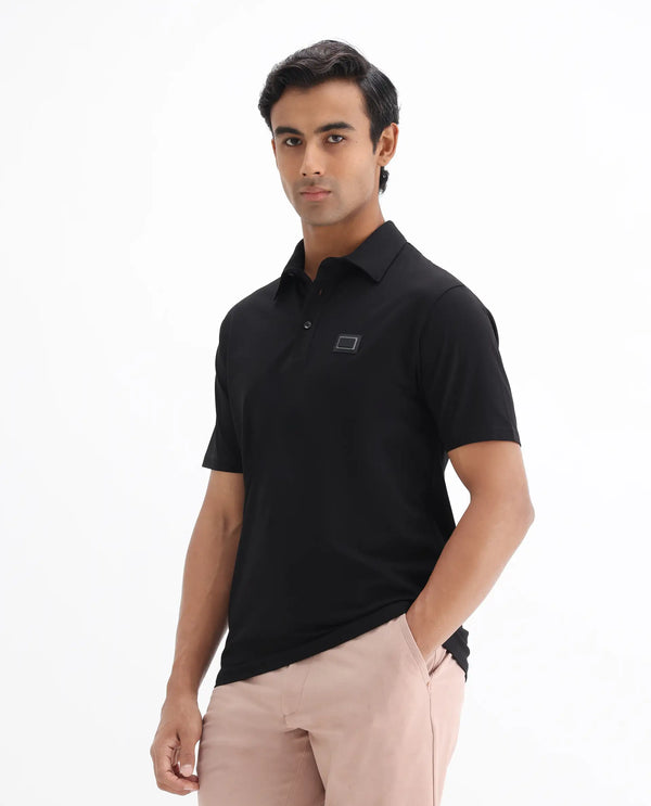 Rare Rabbit Men Badger-25 Black Cotton Poly Fabric Short Sleeve Collared Neck Button Closure Plain Polo