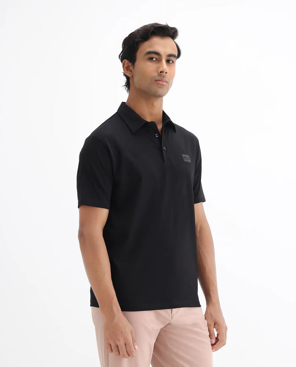 Rare Rabbit Men Badger-25 Black Cotton Poly Fabric Short Sleeve Collared Neck Button Closure Plain Polo