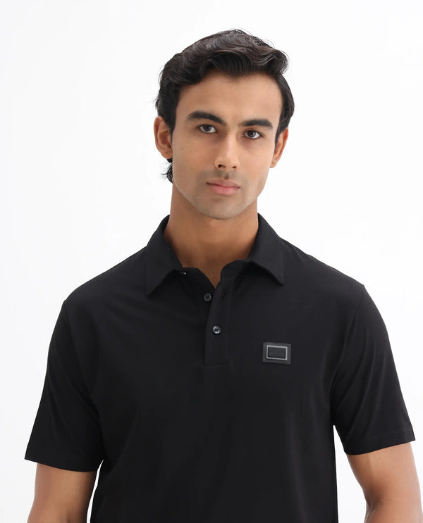 Rare Rabbit Men Badger-25 Black Cotton Poly Fabric Short Sleeve Collared Neck Button Closure Plain Polo