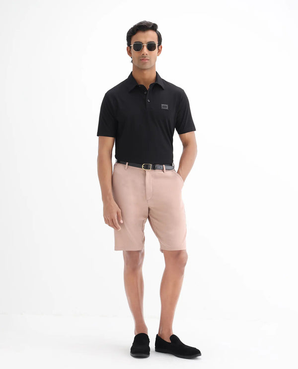 Rare Rabbit Men Badger-25 Black Cotton Poly Fabric Short Sleeve Collared Neck Button Closure Plain Polo