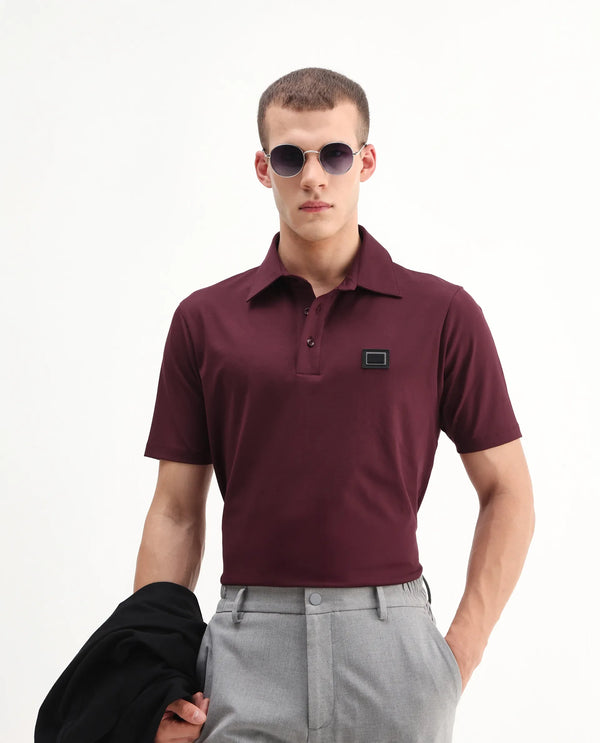 Rare Rabbit Men Badger-25 Dark Brown Cotton Poly Fabric Short Sleeve Collared Neck Button Closure Plain Polo