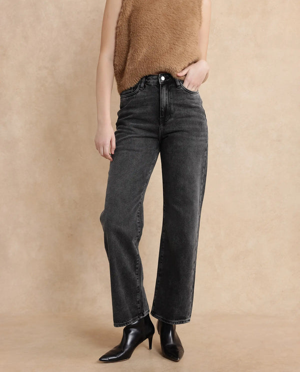 Rareism Women Baeu Grey Cotton Fabric Plain Jeans