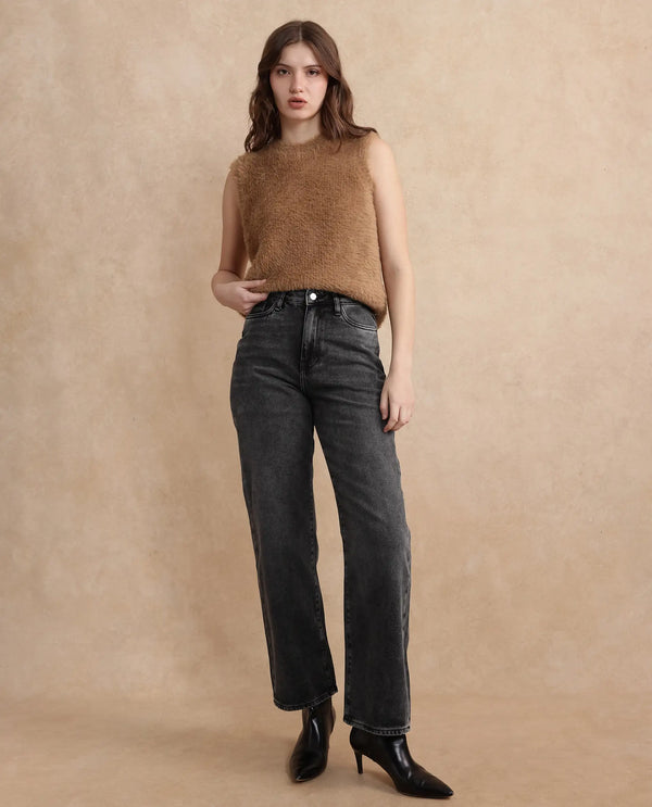 Rareism Women Baeu Grey Cotton Fabric Plain Jeans