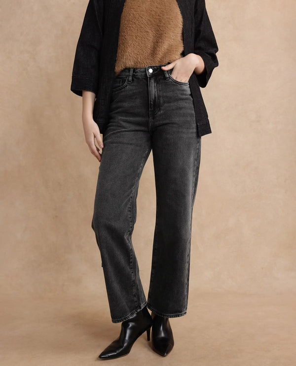 Rareism Women Baeu Grey Cotton Fabric Plain Jeans