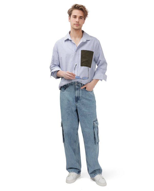 Rare Rabbit Men's Baey Blue Cotton Fabric Mid Wash Baggy Fit Cargo Style Solid Jeans