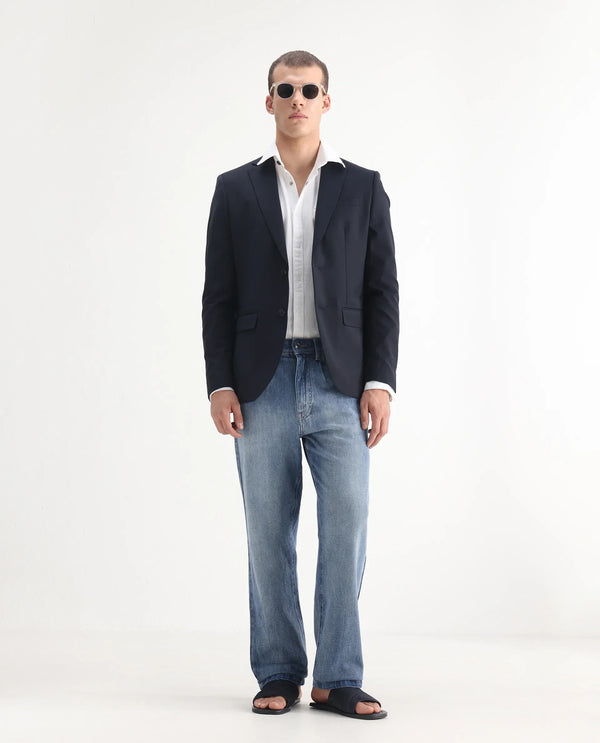 Rare Rabbit Men's Bagg-2 Blue Cotton Fabric Mid Wash Mid Rise Plain Jeans