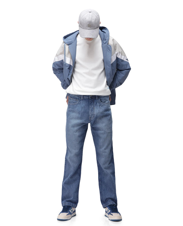 Rare Rabbit Men's Bagg-2 Blue Cotton Fabric Mid Wash Mid Rise Plain Jeans