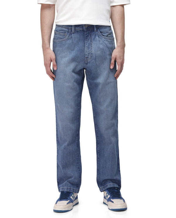 Rare Rabbit Men's Bagg-2 Blue Cotton Fabric Mid Wash Mid Rise Plain Jeans