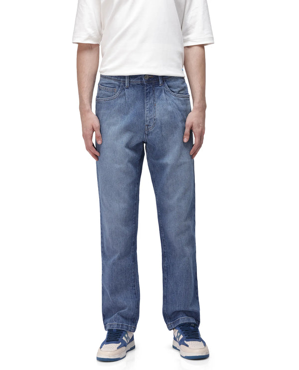 Rare Rabbit Men's Bagg-2 Blue Cotton Fabric Mid Wash Mid Rise Plain Jeans