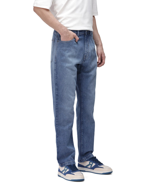 Rare Rabbit Men's Bagg-2 Blue Cotton Fabric Mid Wash Mid Rise Plain Jeans