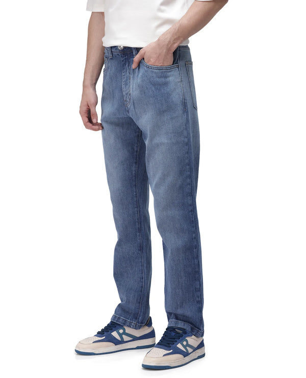 Rare Rabbit Men's Bagg-2 Blue Cotton Fabric Mid Wash Mid Rise Plain Jeans