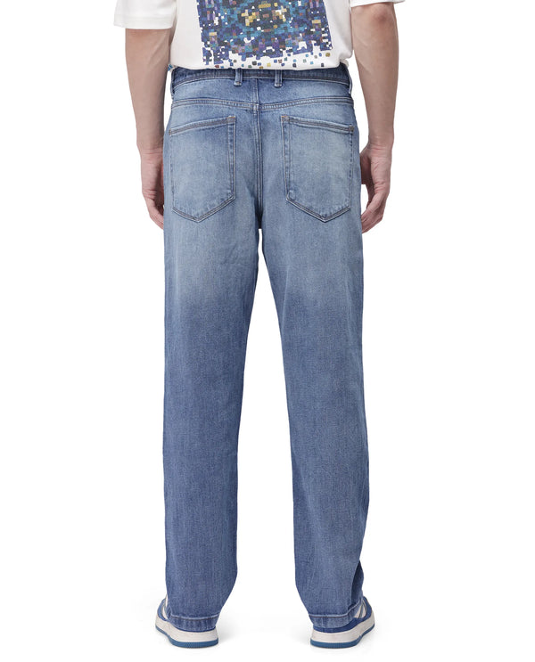 Rare Rabbit Men's Bagg-2 Blue Cotton Fabric Mid Wash Mid Rise Plain Jeans