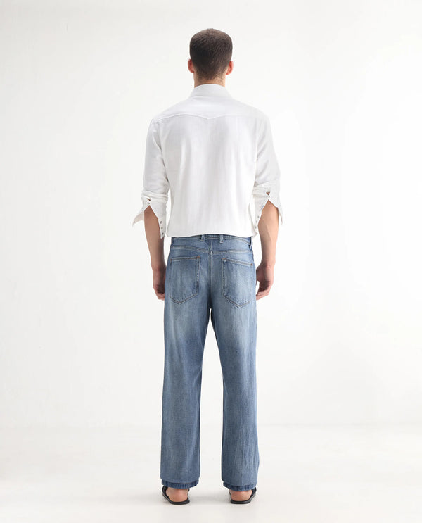 Rare Rabbit Men's Bagg-2 Blue Cotton Fabric Mid Wash Mid Rise Plain Jeans