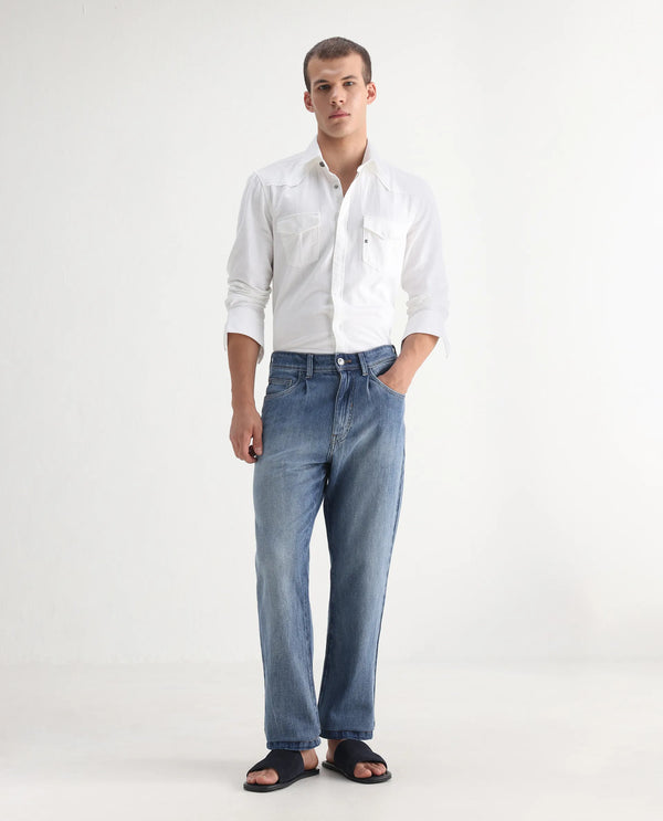 Rare Rabbit Men's Bagg-2 Blue Cotton Fabric Mid Wash Mid Rise Plain Jeans