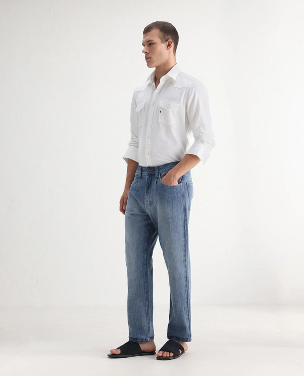 Rare Rabbit Men's Bagg-2 Blue Cotton Fabric Mid Wash Mid Rise Plain Jeans