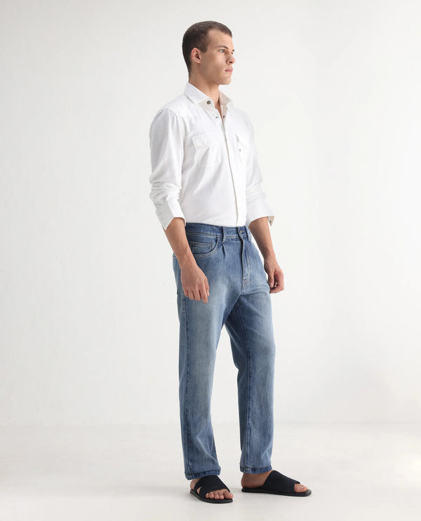 Rare Rabbit Men's Bagg-2 Blue Cotton Fabric Mid Wash Mid Rise Plain Jeans