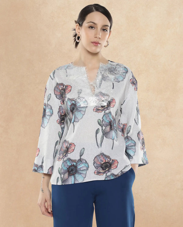 Rareism Women Baizen Multi Cotton Linen Fabric Regular Sleeves Key Hole Neck Floral Print Regular Length Top
