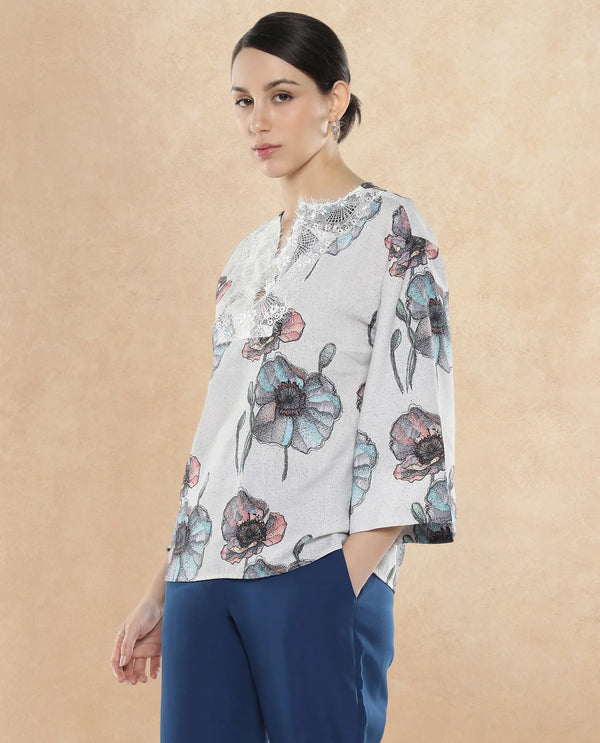 Rareism Women Baizen Multi Cotton Linen Fabric Regular Sleeves Key Hole Neck Floral Print Regular Length Top