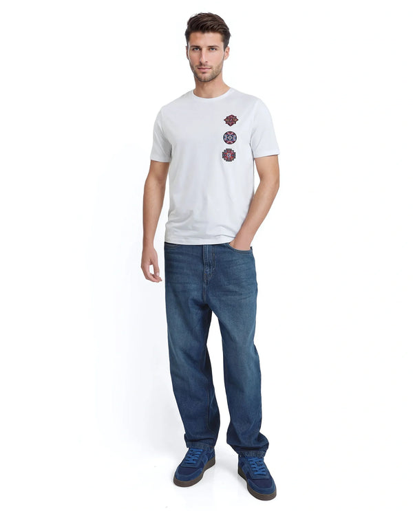 Rare Rabbit Men Bale White Cotton Blend Fabric Short Sleeve Crew Neck Relaxed Fit Label T-Shirt