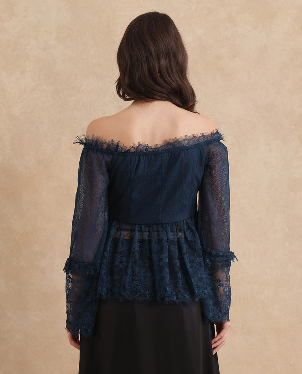 Rareism Women Balikesar Blue Flared Sleeve Off Shoulder Flared Plain Top