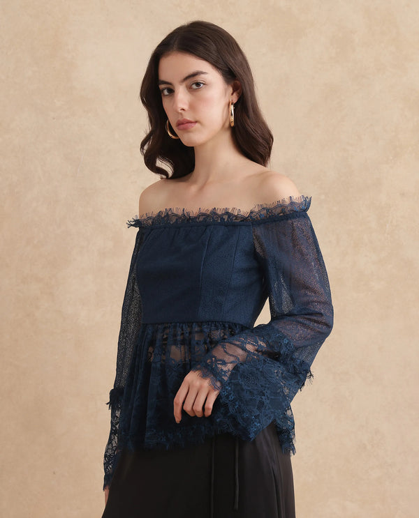 Rareism Women Balikesar Blue Flared Sleeve Off Shoulder Flared Plain Top