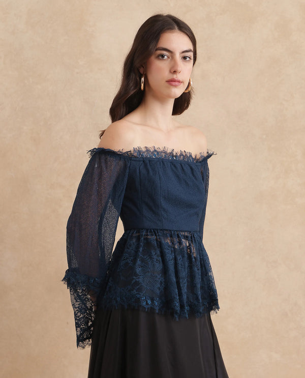 Rareism Women Balikesar Blue Flared Sleeve Off Shoulder Flared Plain Top