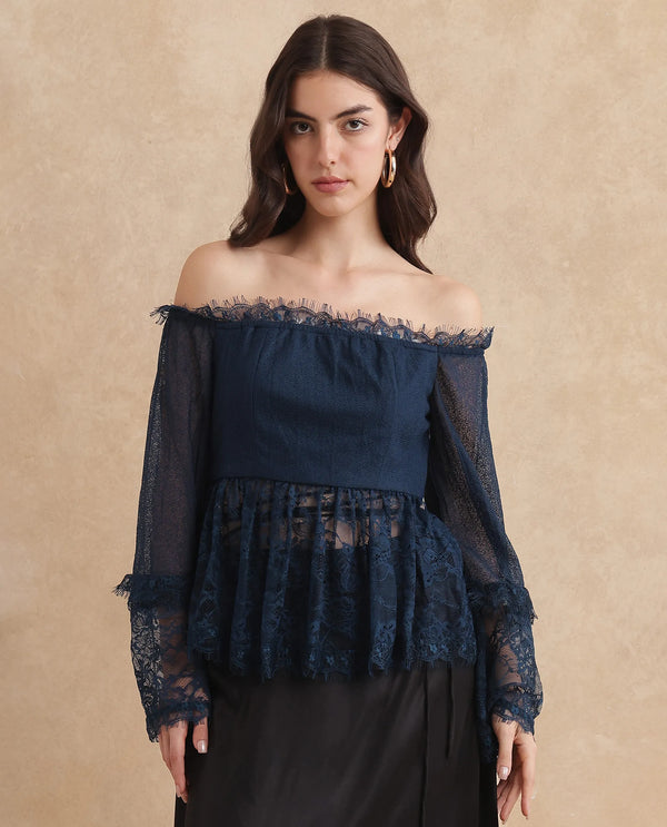Rareism Women Balikesar Blue Flared Sleeve Off Shoulder Flared Plain Top