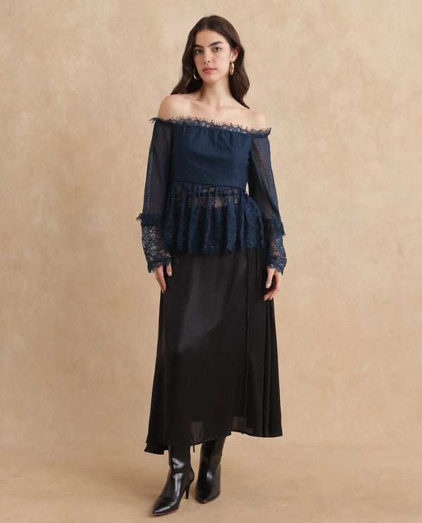 Rareism Women Balikesar Blue Flared Sleeve Off Shoulder Flared Plain Top