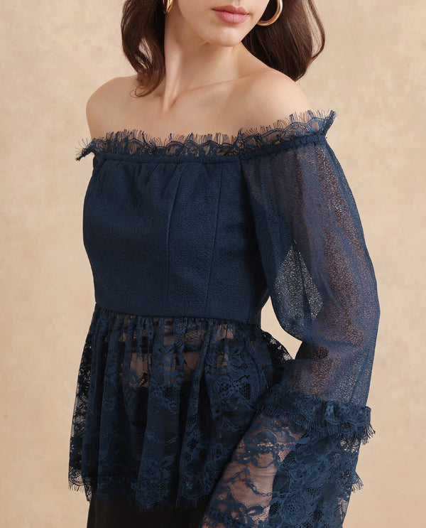 Rareism Women Balikesar Blue Flared Sleeve Off Shoulder Flared Plain Top