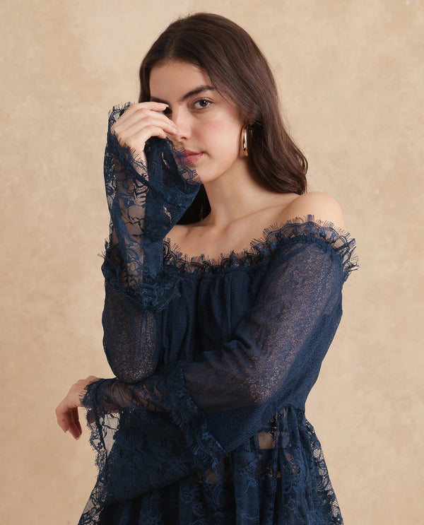 Rareism Women Balikesar Blue Flared Sleeve Off Shoulder Flared Plain Top
