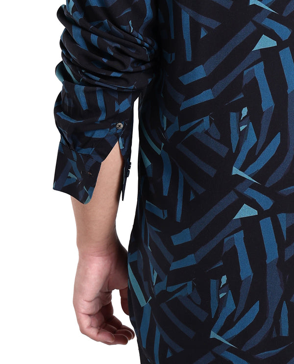 Rare Rabbit Men's Ballet Black Viscose Fabric Collared Neck Full Sleeves Abstract Print Shirt Plus Size
