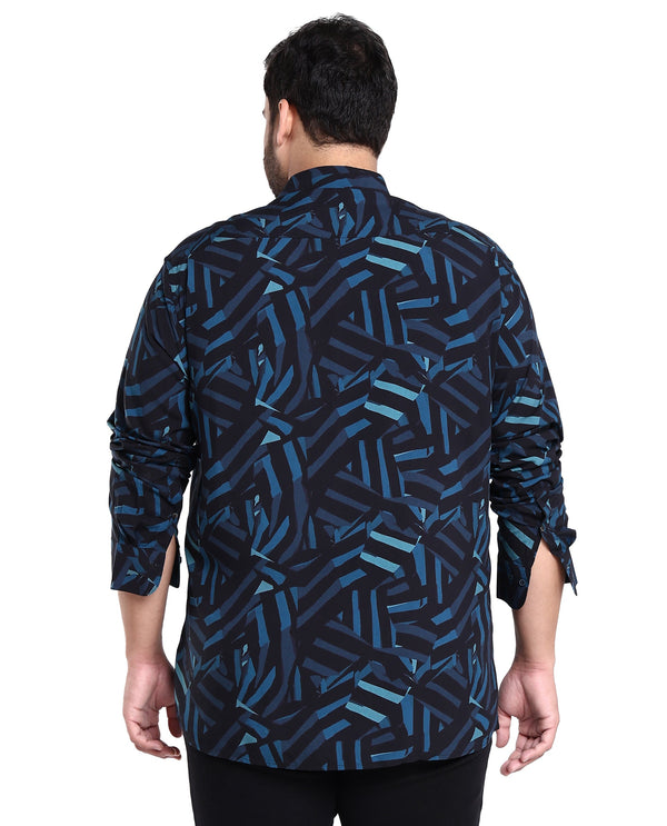 Rare Rabbit Men's Ballet Black Viscose Fabric Collared Neck Full Sleeves Abstract Print Shirt Plus Size