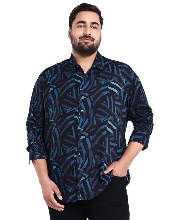 Rare Rabbit Men's Ballet Black Viscose Fabric Collared Neck Full Sleeves Abstract Print Shirt Plus Size