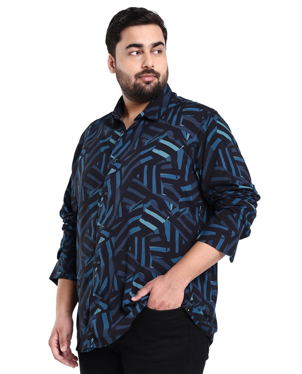 Rare Rabbit Men's Ballet Black Viscose Fabric Collared Neck Full Sleeves Abstract Print Shirt Plus Size