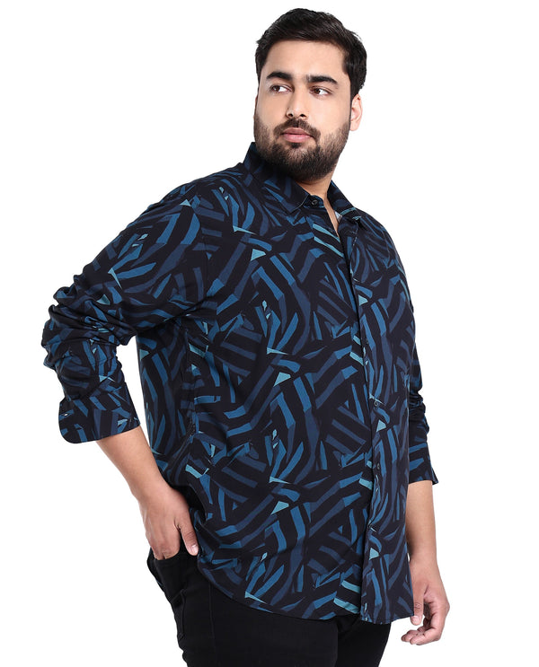 Rare Rabbit Men's Ballet Black Viscose Fabric Collared Neck Full Sleeves Abstract Print Shirt Plus Size