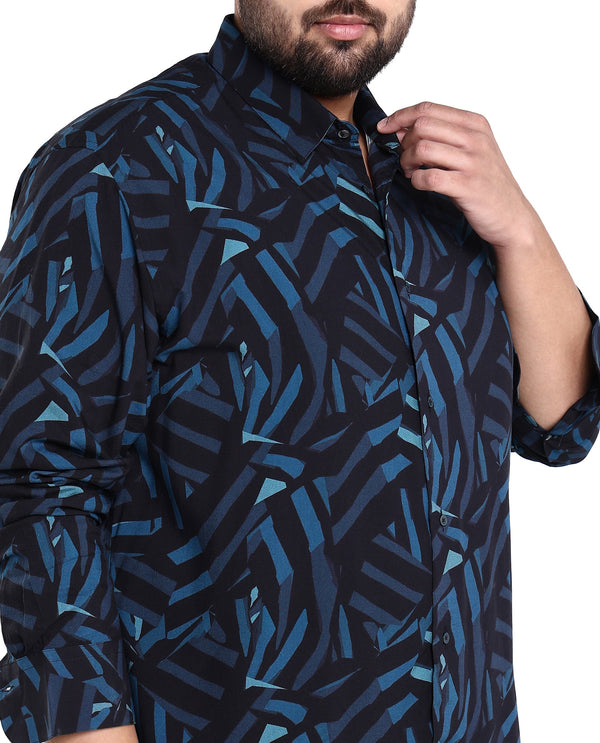 Rare Rabbit Men's Ballet Black Viscose Fabric Collared Neck Full Sleeves Abstract Print Shirt Plus Size