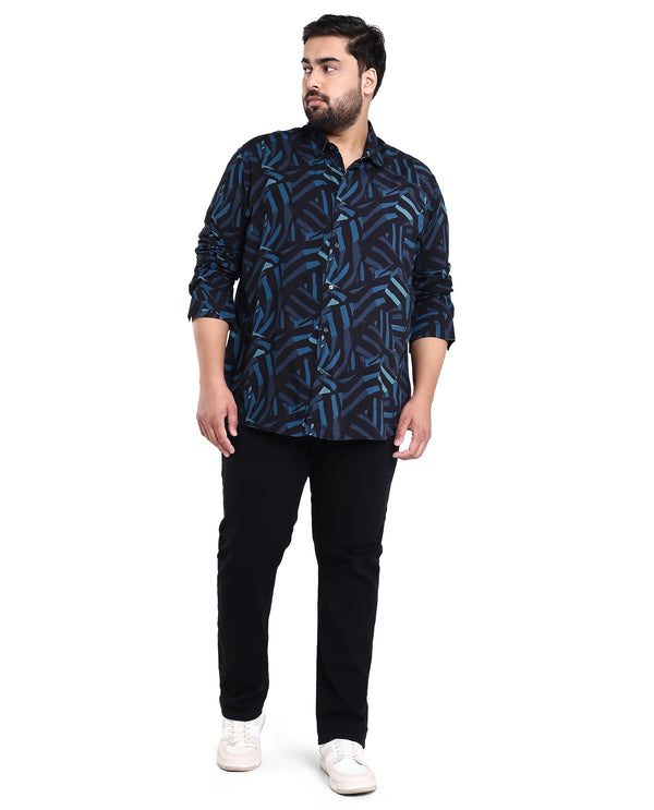 Rare Rabbit Men's Ballet Black Viscose Fabric Collared Neck Full Sleeves Abstract Print Shirt Plus Size