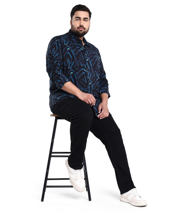Rare Rabbit Men's Ballet Black Viscose Fabric Collared Neck Full Sleeves Abstract Print Shirt Plus Size