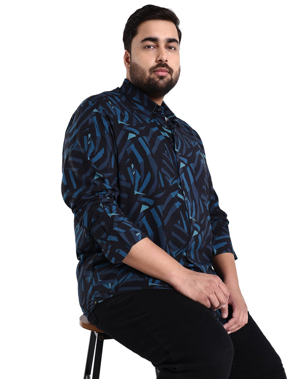 Rare Rabbit Men's Ballet Black Viscose Fabric Collared Neck Full Sleeves Abstract Print Shirt Plus Size