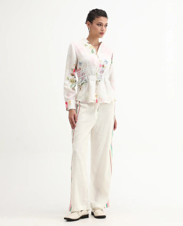 Rareism Women Banche-B Off White Cotton Linen Fabric Regular Length Trouser