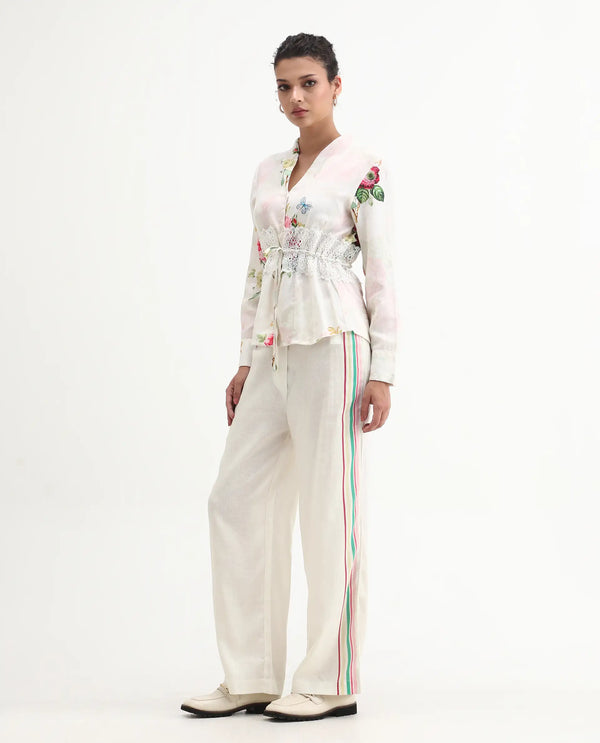 Rareism Women Banche-B Off White Cotton Linen Fabric Regular Length Trouser