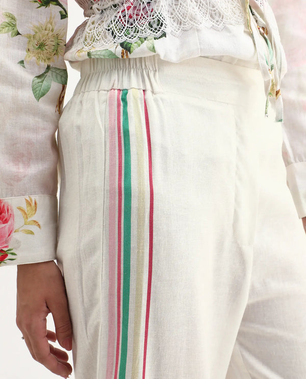 Rareism Women Banche-B Off White Cotton Linen Fabric Regular Length Trouser