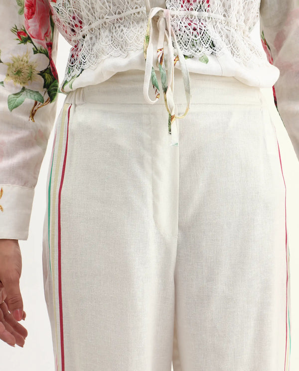 Rareism Women Banche-B Off White Cotton Linen Fabric Regular Length Trouser