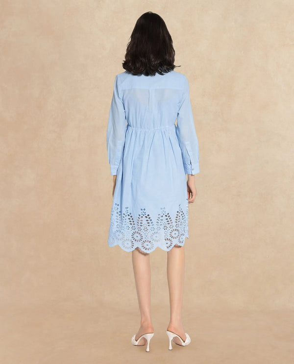 Rareism Women Bandalina Blue Cotton Fabric Full Sleeve Collared Neck Solid Longline Dress