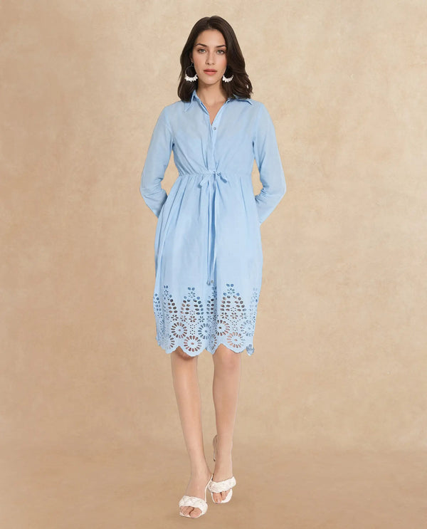 Rareism Women Bandalina Blue Cotton Fabric Full Sleeve Collared Neck Solid Longline Dress