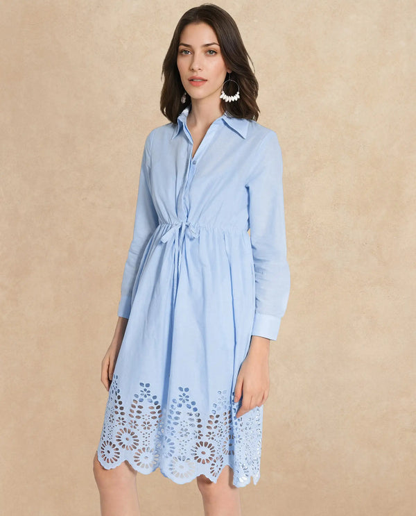 Rareism Women Bandalina Blue Cotton Fabric Full Sleeve Collared Neck Solid Longline Dress