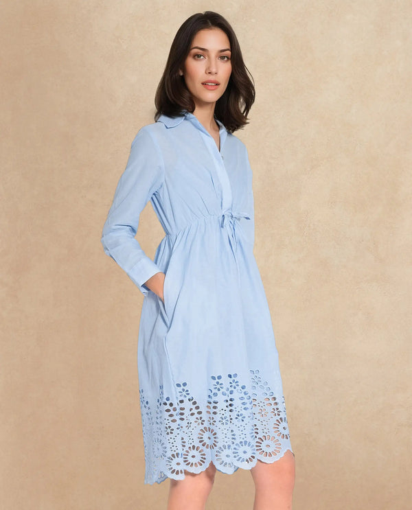 Rareism Women Bandalina Blue Cotton Fabric Full Sleeve Collared Neck Solid Longline Dress