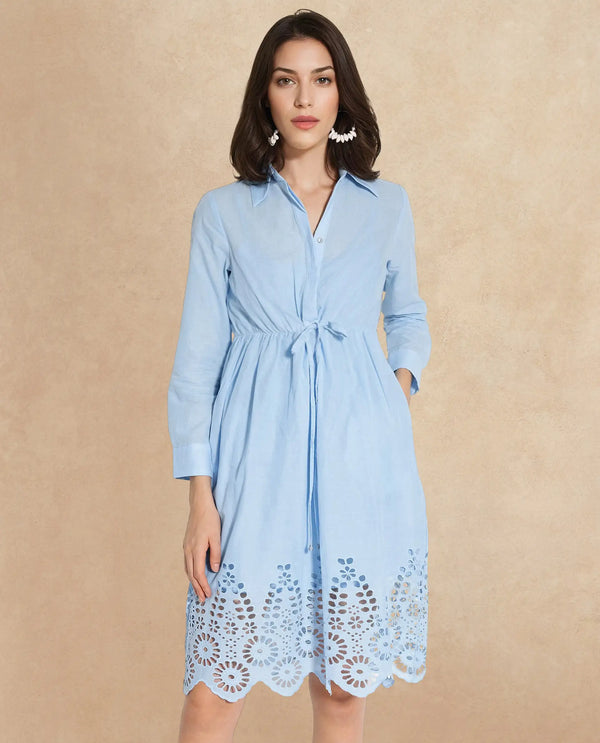 Rareism Women Bandalina Blue Cotton Fabric Full Sleeve Collared Neck Solid Longline Dress