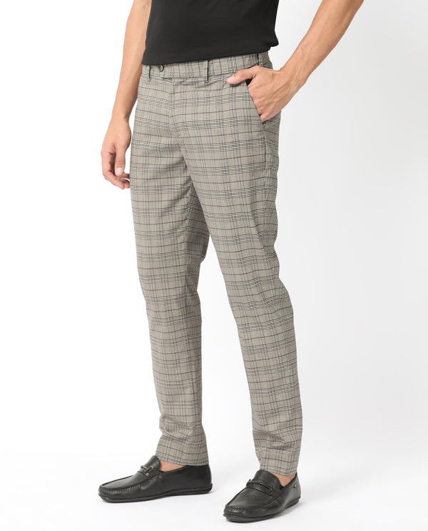 Rare Rabbit Men's Bandon Grey Mid-Rise Regular Fit Checks Trouser